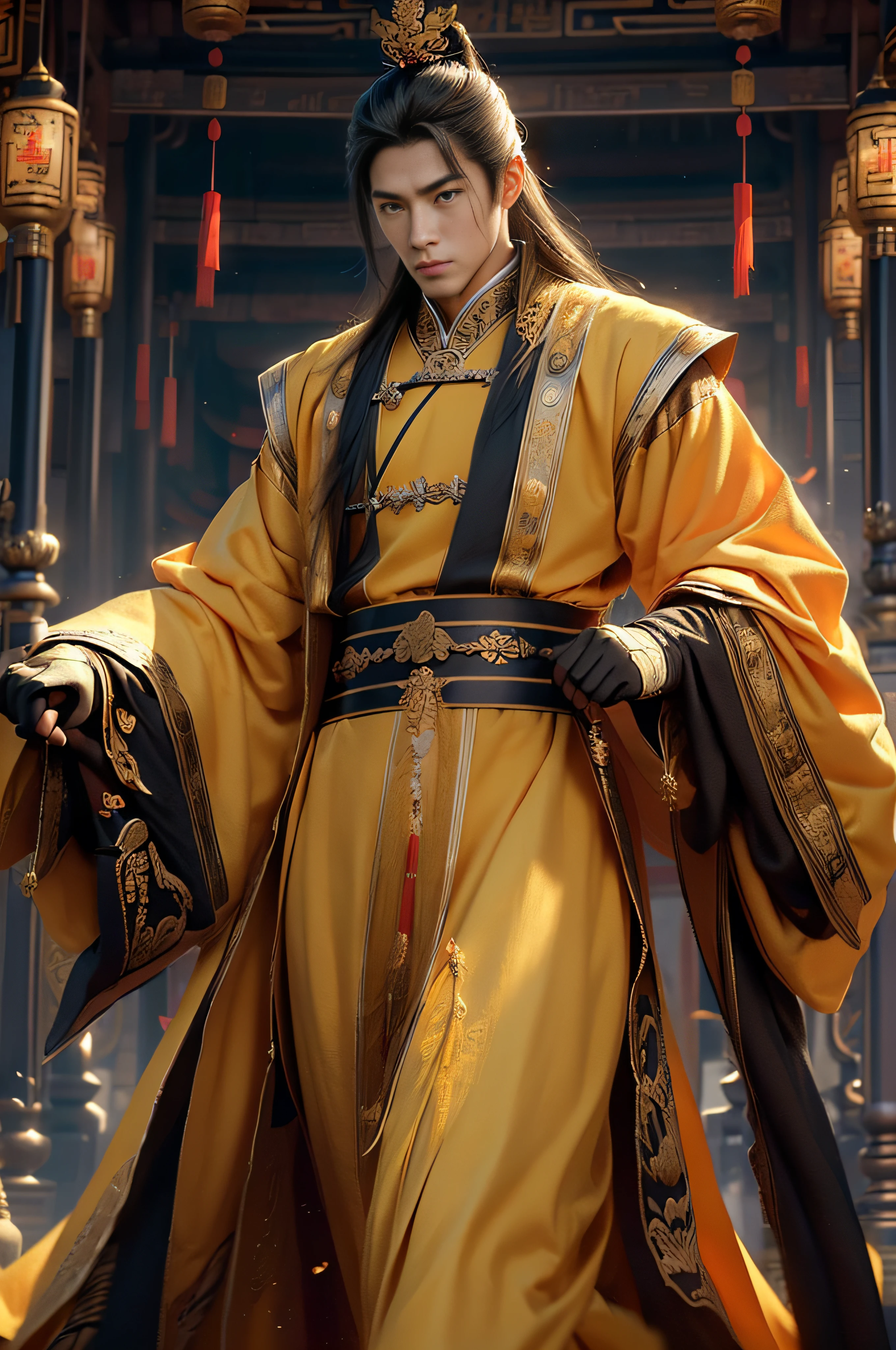 Obra-prima épica em CG, Imperador da Dinastia Tang da China,Autor：Guopei artes marciais,bonito, A maior masculinidade, coroa reta, vestes douradas, fundo do palácio, dinastia Tang, real, poses dinâmicas, Cores deslumbrantes, Renderização 3D de, surrealismo, efeitos de iluminação cinematográfica, Realismo, 00 renderizador, super realista,