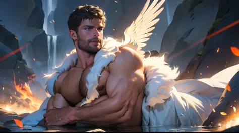 Man with large white feather wings on his back, large wings, Jamie Dornan, eyes of light, wearing a short black beard, wearing a Golden Crown, focus on the details of the face, rays coming out, serious and attractive man, shirtless, showing his chest , mag...