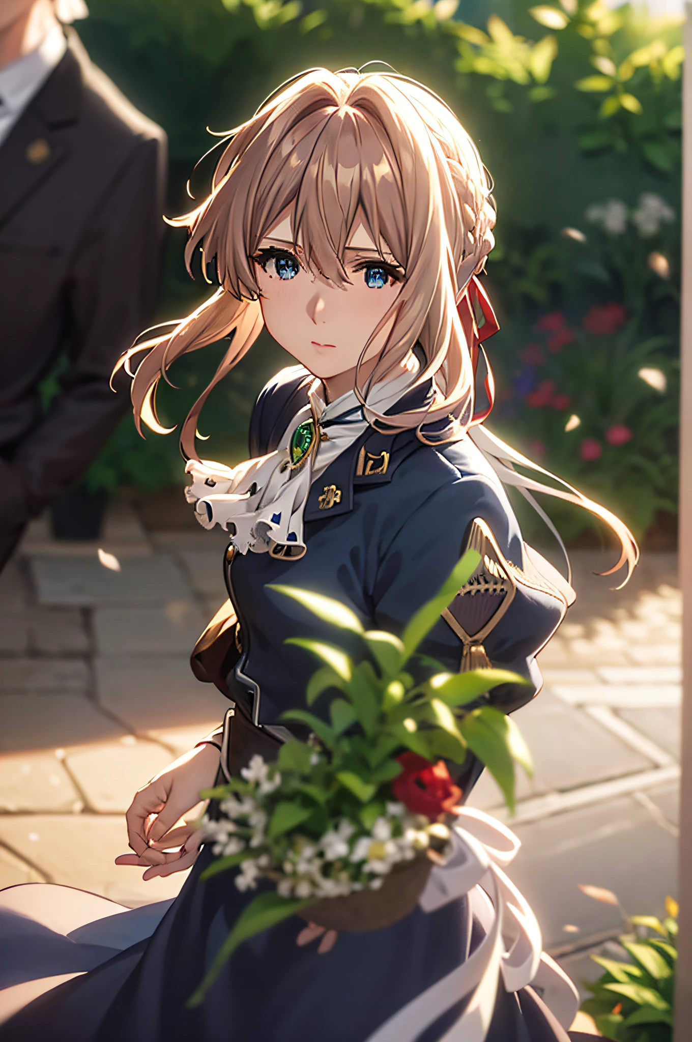 Violet Evergarden,masutepiece, Best Quality, 1girl in, Solo, Blonde hair, Blue eyes, hair between eye, Looking at Viewer, bow ribbon, Red Ribbon, braid, Hair Ribbon, Jacket, Blue jacket, Jewelry, Bangs, Outdoors, brooches, Hair intake, Anime coloring, ascot, Blurry background, Blurry, White Ascot, tree, Closed mouth, Portrait, Dayglass、extremely details CG, ( Perfect Anatomy),living、extremely details CG, ( Perfect Anatomy),A sense of life