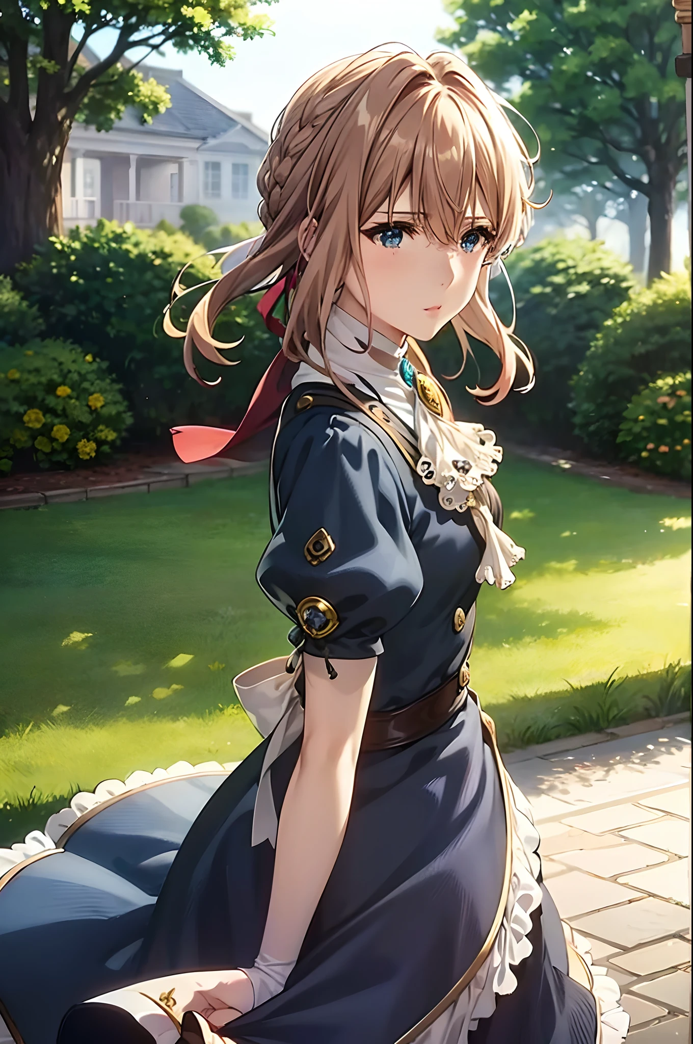 Violet Evergarden,masutepiece, Best Quality, 1girl in, Solo, Blonde hair, Blue eyes, hair between eye, Looking at Viewer, bow ribbon, Red Ribbon, braid, Hair Ribbon, Jacket, Blue jacket, Jewelry, Bangs, Outdoors, brooches, Hair intake, Anime coloring, ascot, Blurry background, Blurry, White Ascot, tree, Closed mouth, Portrait, Dayglass、extremely details CG, ( Perfect Anatomy),living、extremely details CG, ( Perfect Anatomy),A sense of life