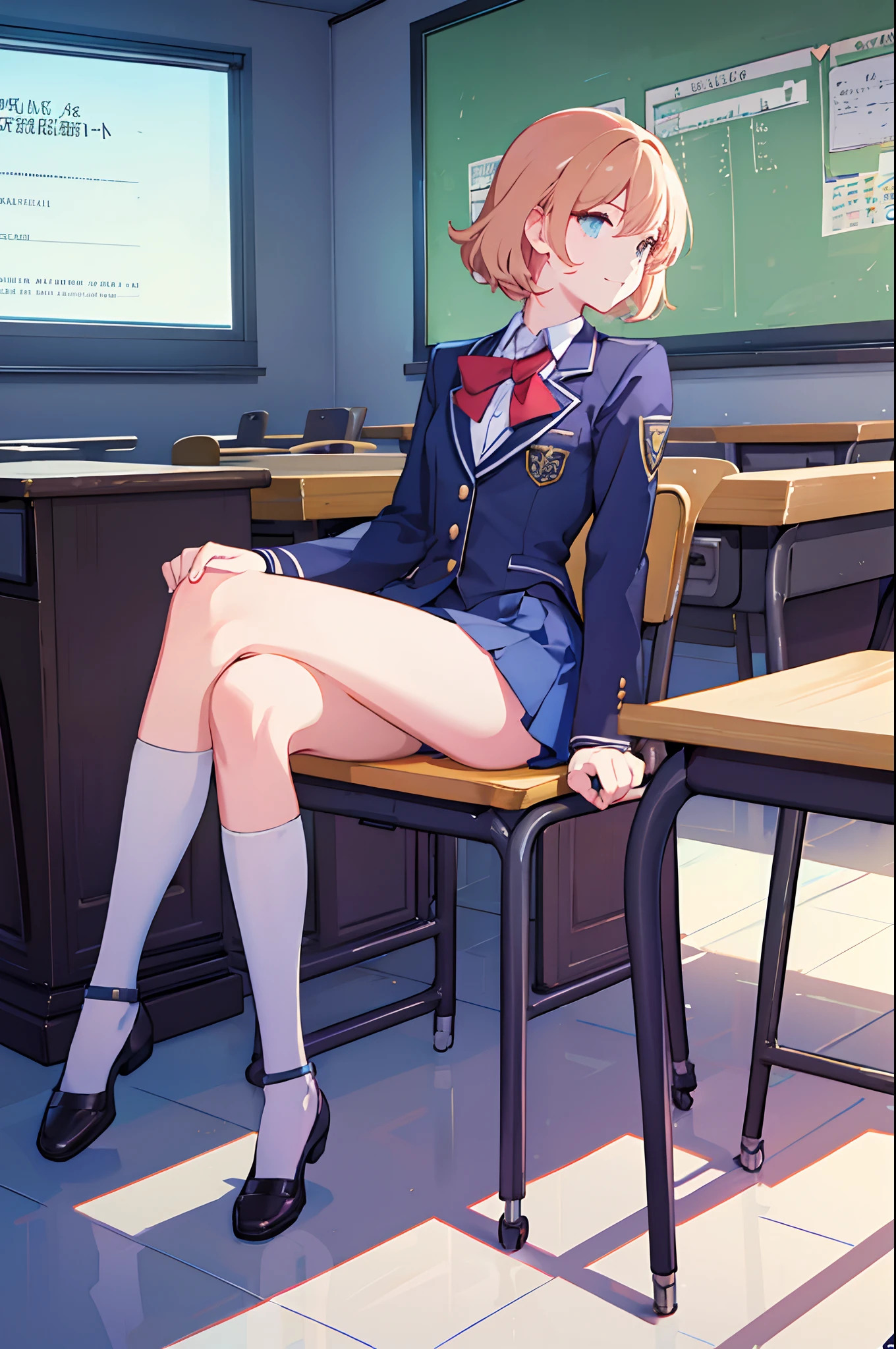 a feminine boy in a school uniform, femboy, sitting in a classroom, 1boy, solo