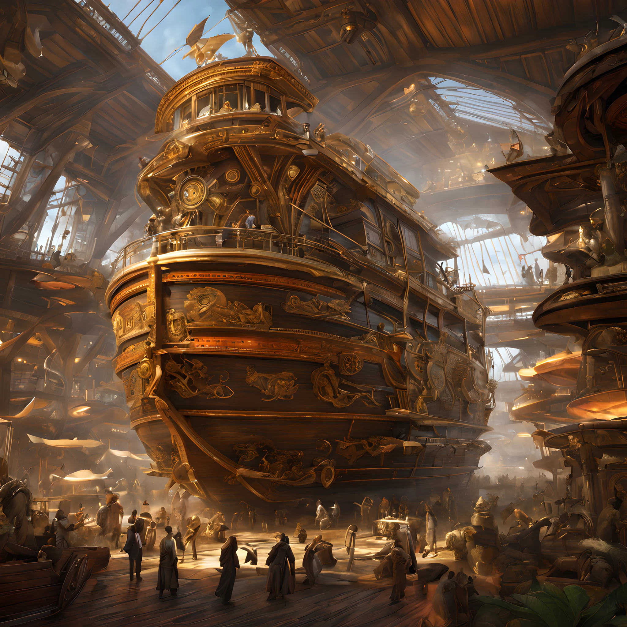 Composition: Create an enchanting and visually captivating scene set in an elaborate steampunk world. The central focus of the image should be on the magnificent Noah's Ark, situated prominently in the foreground. The composition should emphasize the grandeur of the vessel, portraying it as a marvel of intricate design and mechanical wonder. The ark should dominate the frame, instilling a sense of hope, adventure, and curiosity in the viewer.

Noah's Ark: The Ark itself should be a masterpiece of steampunk engineering. Its hull should be a gleaming combination of brass and steel, adorned with elaborate gears, cogs, and rivets. Mechanical extensions and contraptions should extend from its sides, and a colossal steam-powered engine should be visible at the rear. Make sure to convey the Ark's capacity to withstand any tempest and serve as the savior of Earth's diverse species.

Background: Surrounding the Noah's Ark, the steampunk world should come to life with rich and intricate details. In the distance, towering steampunk cityscapes should rise against a dramatic, orange and purple-hued sky. Airships, mechanical creatures, and fantastical vehicles should fill the scene, suggesting a world on the brink of an industrial renaissance. The atmosphere should exude a sense of optimism, as diverse species of animals and beings of all shapes and sizes eagerly board the Ark, symbolizing the hope for a brighter future. The image should be of the highest resolution, allowing for the precise rendering of the Ark, the steampunk world, and the bustling scene of boarding animals and creatures.