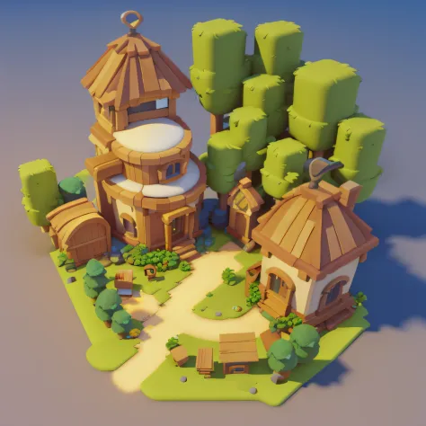 A game architectural design, Cartoony,Logging yards，Trees match the building，casual game style,。,。,。,。,。,。.3D, blender，closeup cleavage，tmasterpiece，super detailing，best qualtiy