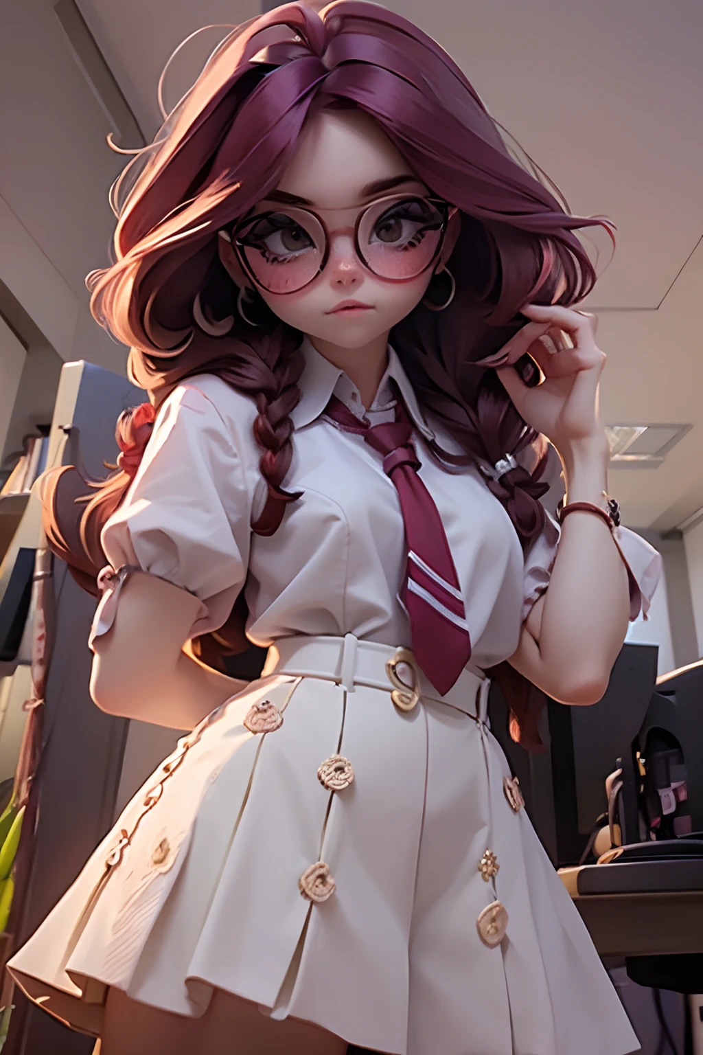 Lolli girl, braid messy hair, school, maroon necktie, glasses, standing pose, library background, maroon hair, cute badgirl, baddie, wearing cool maroon headset,