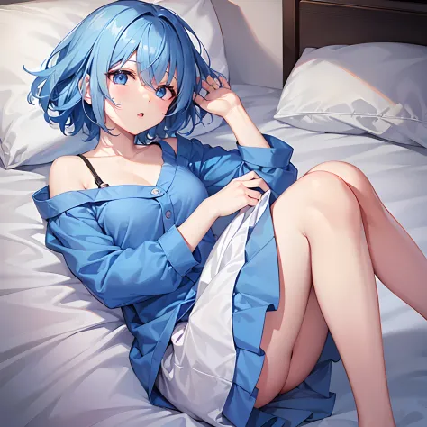 one girls、short-hair、pale blue hair、blue eyess、s Pajamas、yawns、hightquality、best qualtiy、a bed、Emphasis on the chest、Emphasis on the thighs