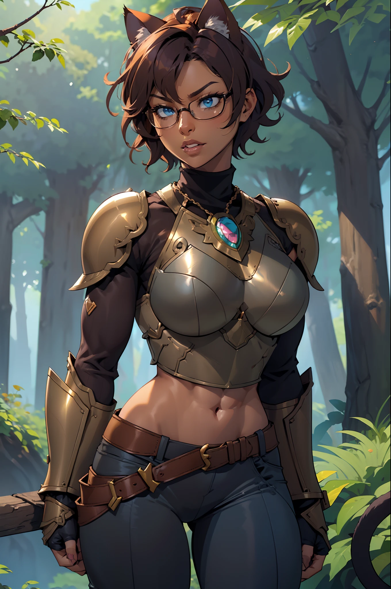 Solo, female, black turtleneck tunic, fantasy outfit, forest, ((short hair)), short plum colored hair, wavy hair, messy hair, ((dark tan skin)), glasses, (cropped chocolate tunic), ((athletic, slightmuscle, slightly muscular)), ((baggy pants)), smirking slightly, ((bright blue eyes, cat tail, cat ears)), thick lips, big lips, open mouth, (((bronze chestpiece, bronze armor))), knight, big breasts
