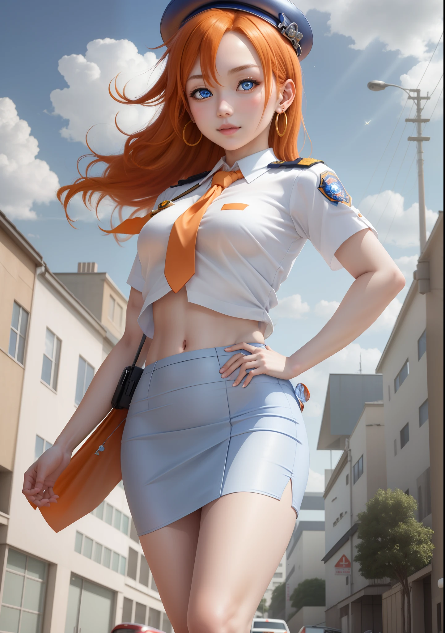 Masterpiece, best quality, (detailed face), realistic art, kousaka honoka, blue eyes, orange hair, flying hair,(smile:0.7) ,white shirt,half sleeves,earrings, dynamic pose, perfect lightning, low-leg pencil skirt, midriff, necktie,ahoge , walking,hands on hip,(sexy oval navel) , police cap,in street,looking at viewer, cowboy shot,(skin tight:1.2)