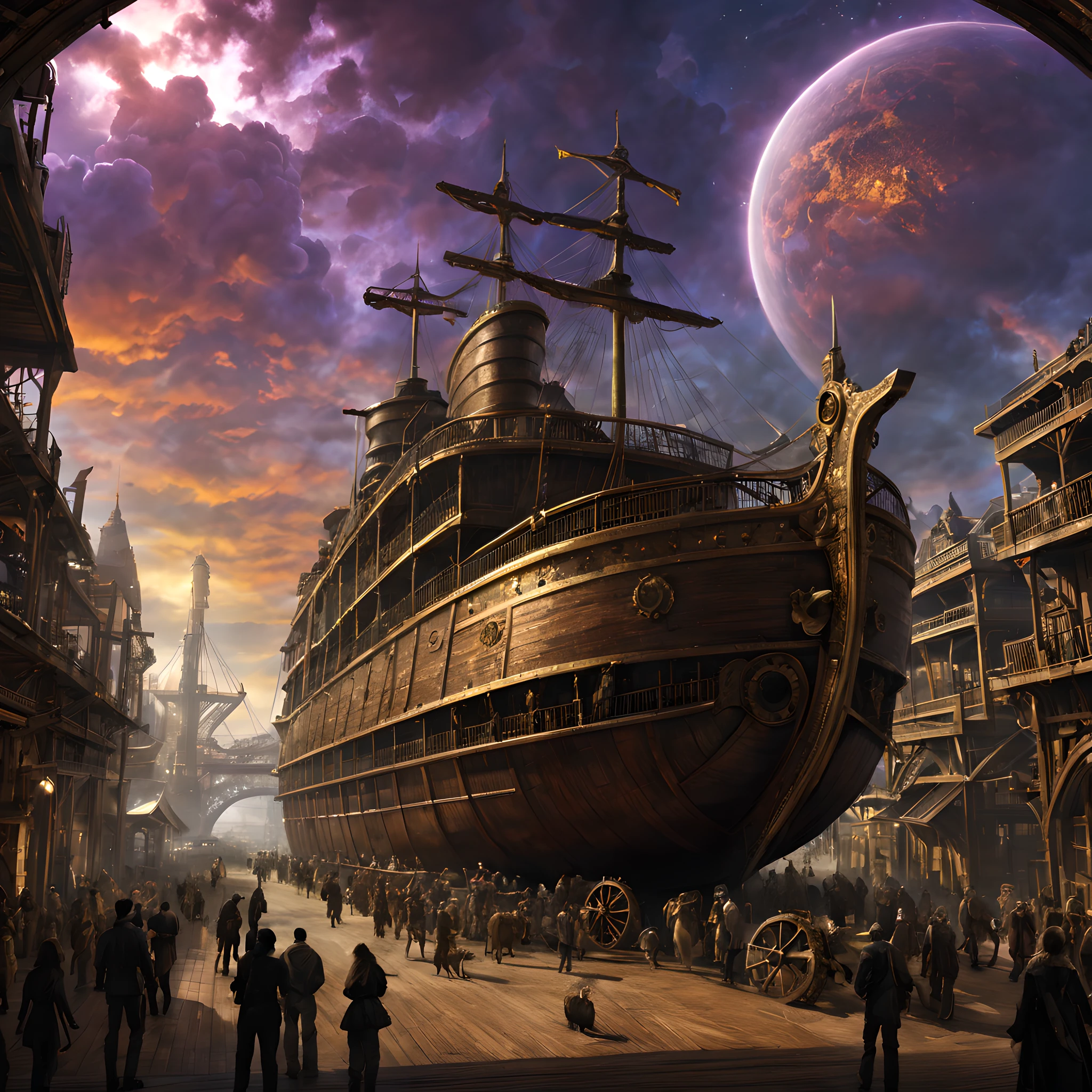 Composition: Create an enchanting and visually captivating scene set in an elaborate steampunk world. The central focus of the image should be on the magnificent Noah's Ark, situated prominently in the foreground. The composition should emphasize the grandeur of the vessel, portraying it as a marvel of intricate design and mechanical wonder. The ark should dominate the frame, instilling a sense of hope, adventure, and curiosity in the viewer.

Noah's Ark: The Ark itself should be a masterpiece of steampunk engineering. Its hull should be a gleaming combination of brass and steel, adorned with elaborate gears, cogs, and rivets. Mechanical extensions and contraptions should extend from its sides, and a colossal steam-powered engine should be visible at the rear. Make sure to convey the Ark's capacity to withstand any tempest and serve as the savior of Earth's diverse species.

Background: Surrounding the Noah's Ark, the steampunk world should come to life with rich and intricate details. In the distance, towering steampunk cityscapes should rise against a dramatic, orange and purple-hued sky. Airships, mechanical creatures, and fantastical vehicles should fill the scene, suggesting a world on the brink of an industrial renaissance. The atmosphere should exude a sense of optimism, as diverse species of animals and beings of all shapes and sizes eagerly board the Ark, symbolizing the hope for a brighter future. The image should be of the highest resolution, allowing for the precise rendering of the Ark, the steampunk world, and the bustling scene of boarding animals and creatures.