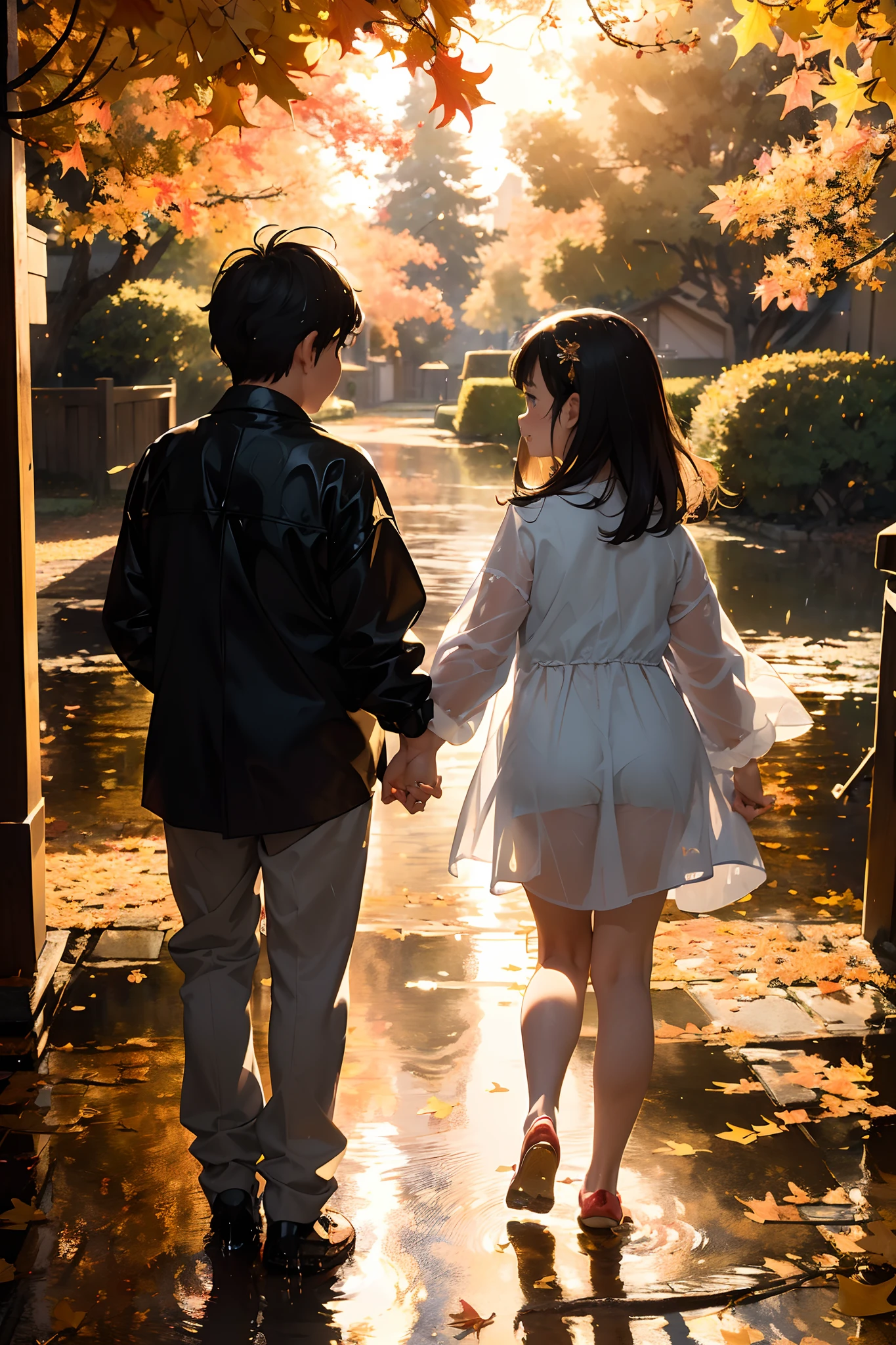 masterpiece, best quality, ultra-detailed, beautiful illustration, the back of a couple holding hands,(8yo:1.5),sunset, glow, diffused light, fluttering autumn leaves, maple tree and ginkgo, residential area, (after rain:1.5), (twinkle effect),(character is far away:1.5)