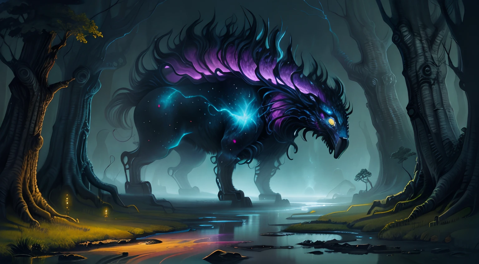 mysterious creature,  Dramatic lighting, detailed feathered, Ultraviolet light，Nebula pattern，A dim blue-purple glow，Enigmatic Atmosphere, Vibrant colors, Strong gaze, Surreal landscape, hauntingly beautiful, Masterpiece:1.2, High-res, Vivid colors, Dreamlike, silhouettes of trees, mysterious creature, majesticpresence, hidden strength，HRGigerArhP style