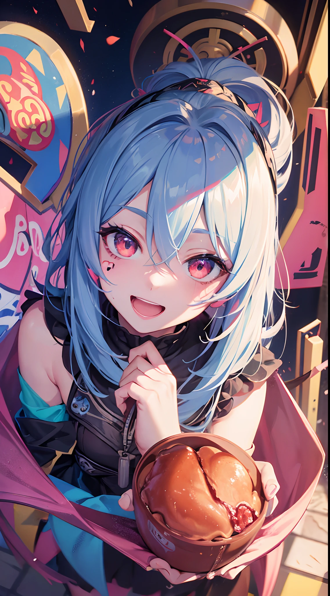 Anime girl with blue hair holding a doughnut in a basket - SeaArt AI