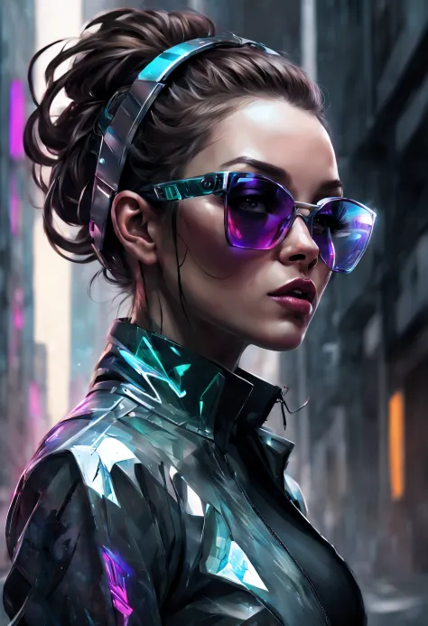 Design a digital artwork featuring a futuristic femme fatale with sleek, reflective glass glasses and a smooth, high-tech textur...