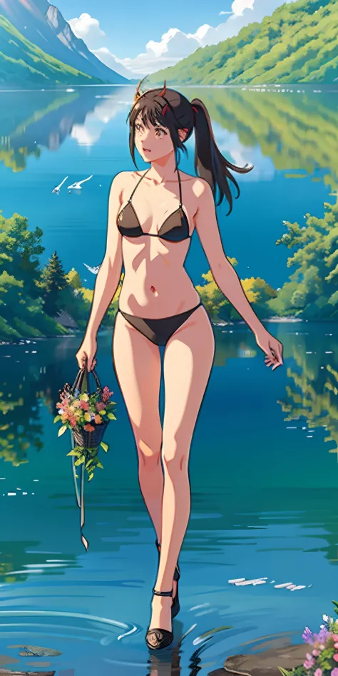 suzu_me, 1 girl, solo, (standing), full body,looking aside,brown eyes, black hair, hairclip, single drill, green bikini, sexy, nsfw(light rays:1.2),(sun:1.2),(blue sky:1.1), (moutains:1.2),(lake:1.1),(flowers:1.3),lawn,(dock:1.1),(birds:1.1),trees,from abo...
