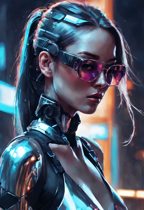 Design a digital artwork featuring a futuristic femme fatale with sleek, reflective glass glasses and a smooth, high-tech textur...