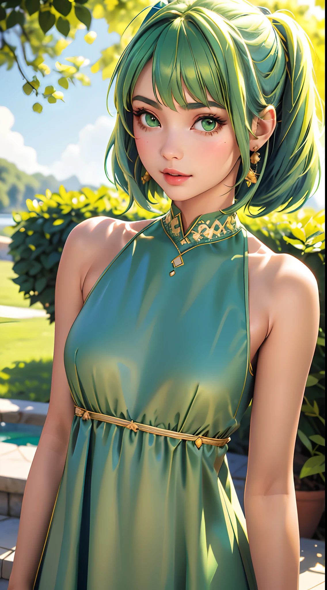 (best quality, ultra-detailed, masterpiece), young lovely girl wearing tent dress, extremely cute, cinematic angle, detailed, ((green hair)), 25 year old, large breast