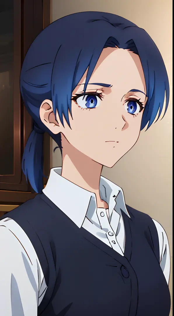 anime girl with blue hair and blue eyes in a white shirt, look at me, very short slicked - back hair, her hair is in a pony tail, absolute chad, very very very beautiful, ultra detail, hight quality, best quality
