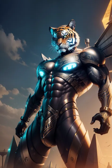 The tiger has wings made of metal., (cyborg:1.1), ([tail|Wire Details]:1.3),Pyramids, (intricate detailed), HDR, (intricate detailed, hyperdetailed:1.2),
