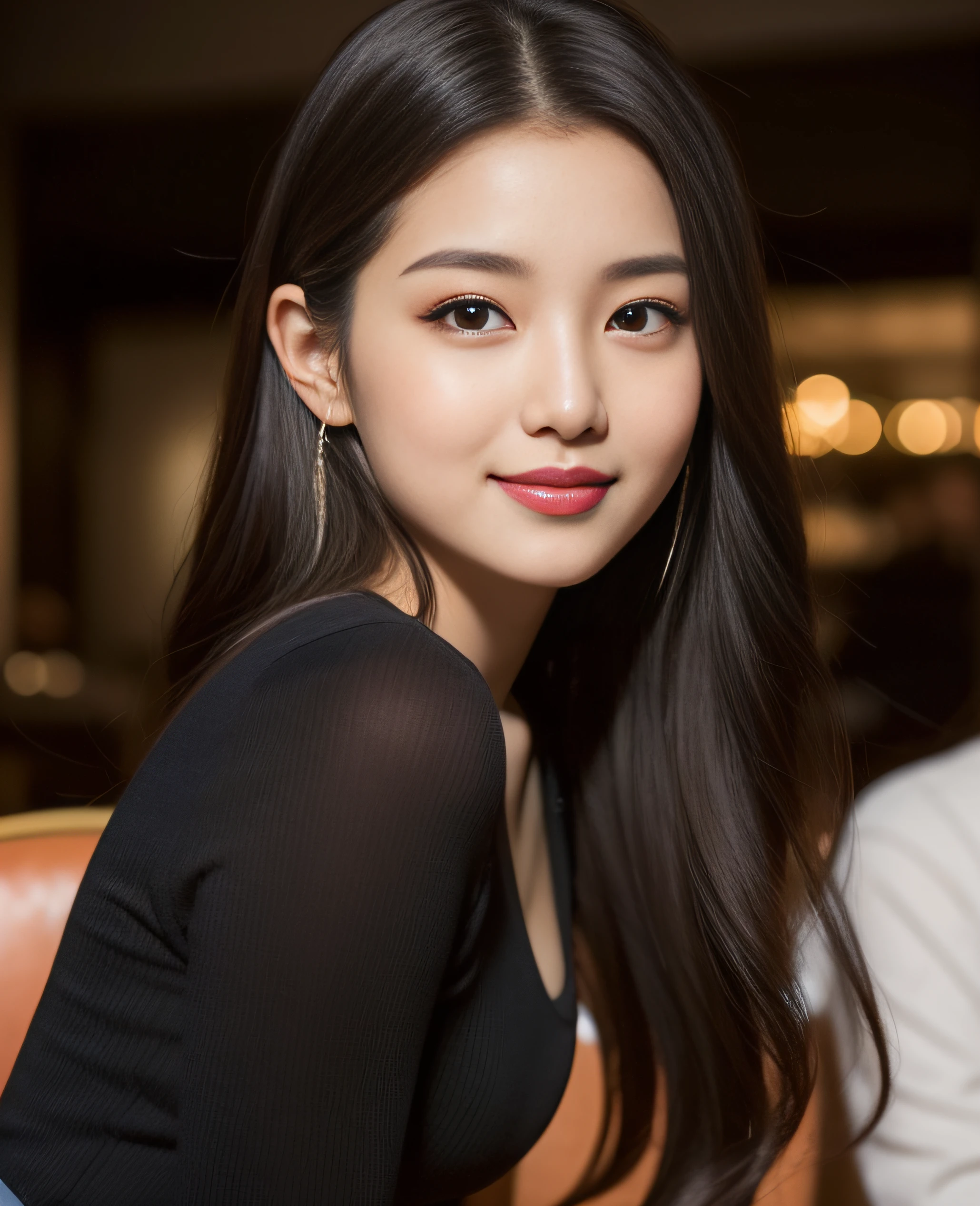 ((Top quality, 8K, Masterpiece: 1.3)), Beautiful girl, Pure, Melon face, Kind and cute, Sweet smile, Pure desire, Slender body, (Front), (Tilted head), ((Looking at camera) ), wearing a amber colored suit, black silky long hair, long flowing shoulders, round black big eyes, clear big eyes, moist red lips, sweet, sitting on a chair, cafe background ,(((waist shot))),,