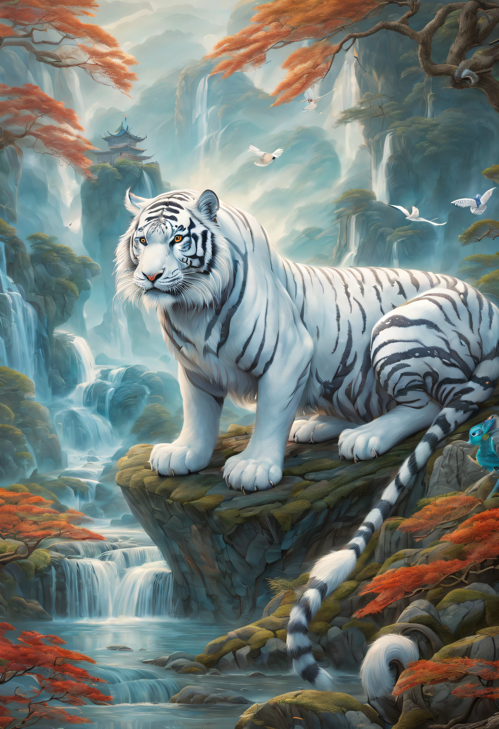 (melhor qualidade,Ultra-detalhado,realista),criaturas míticas,seres lendários,Lendas antigas,Majestoso e misterioso,Paisagem serena, cores vibrantes,iluminação suave, Qi Lin, Xuan Wu, azure dragon, Tigre branco, Vermelhão Pássaro