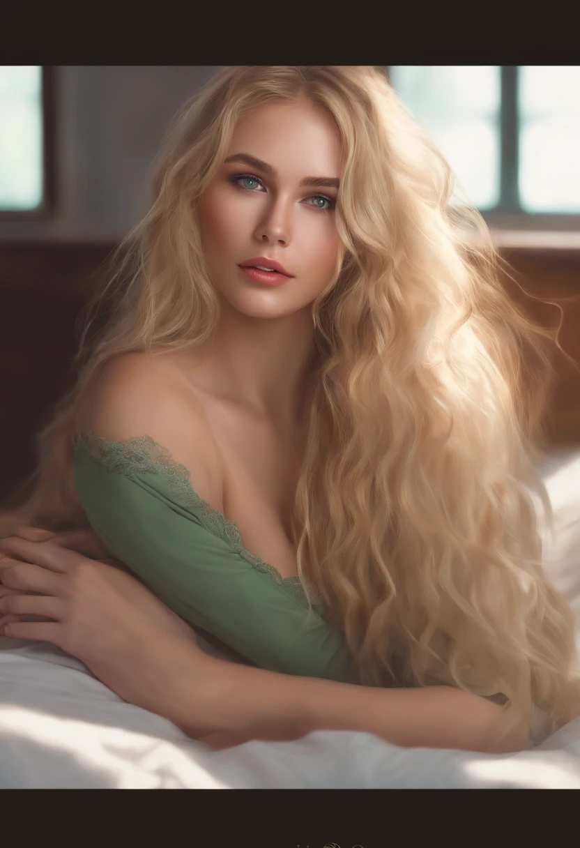 Blonde woman with long hair laying on bed in green dress - SeaArt AI