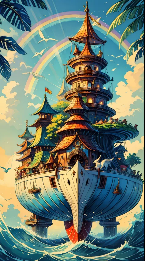 Serene, detailed painting, ((Noah's Ark)), featuring a vibrant rainbow and diverse animal pairs peacefully embarking on their jo...