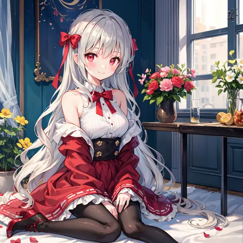 Wavy gray hair、red eyes、bow ribbon、Beautiful girl alone、red blush、Fluffy clothes、off shoulders、Black tights、Surrounded by flower...
