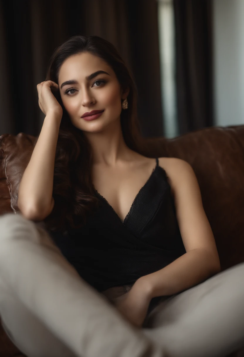 A close up of a woman sitting on a couch wearing a black top - SeaArt AI