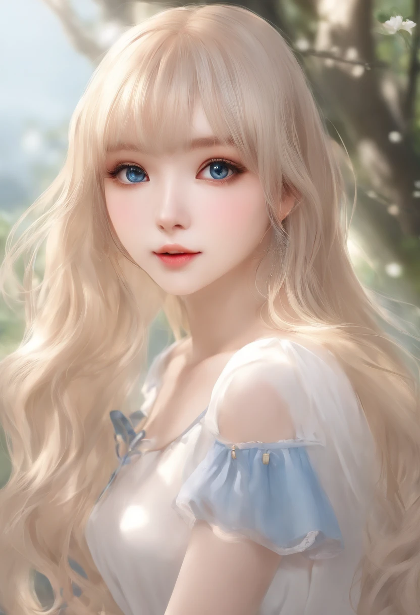 bright expression、photorealisim、top-quality、超A high resolution、a picture、Photos of the most beautiful Nordic girls、Detailed cute and beautiful face、(pureerosface_v1:0.008)、Beautiful bangs、alice in the wonderland、18year old、Glowing white shiny skin、Hair clings to the face、Bangs that extend to the face、bangss、Hair between the eyes、Super long hair、Attractive bright natural blonde super long straight silky hainer hair、Attractive glowing beautiful bright clear light blue big eyes、School Uniforms、student clothes、eye liner、Double eyelids、ample breasts
