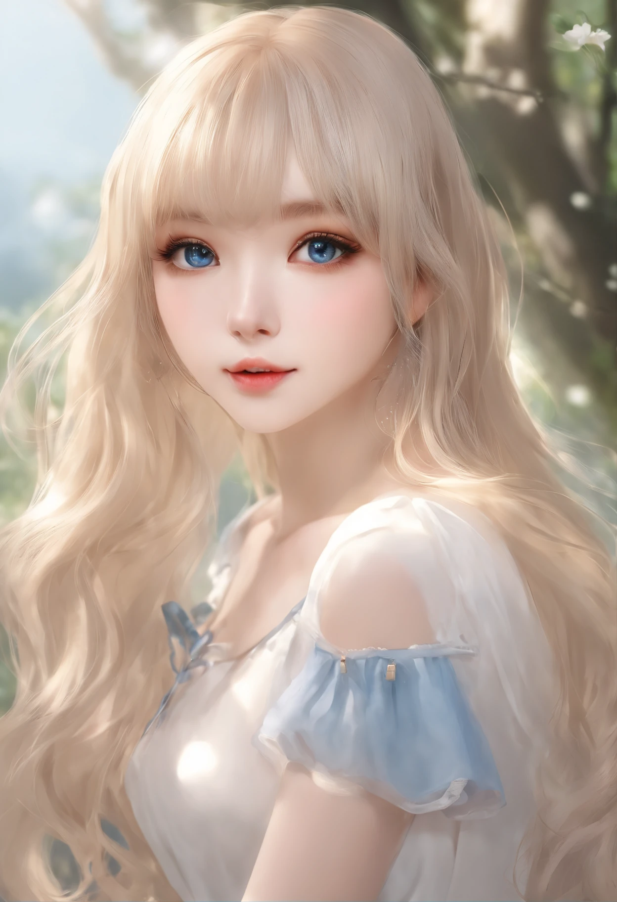 bright expression、photorealisim、top-quality、超A high resolution、a picture、Photos of the most beautiful Nordic girls、Detailed cute and beautiful face、(pureerosface_v1:0.008)、Beautiful bangs、alice in the wonderland、18year old、Glowing white shiny skin、Hair clings to the face、Bangs that extend to the face、bangss、Hair between the eyes、Super long hair、Attractive bright natural blonde super long straight silky hainer hair、Attractive glowing beautiful bright clear light blue big eyes、School Uniforms、student clothes、eye liner、Double eyelids、ample breasts