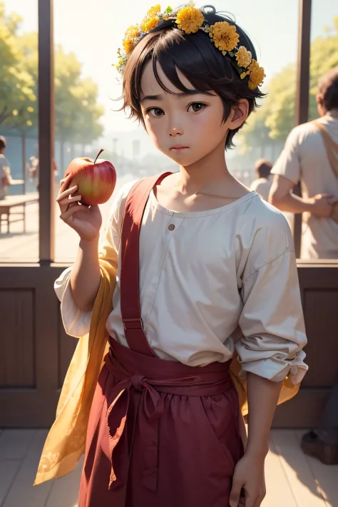 A beautiful boy man，Fruit in one hand，Nibbling on a small apple，Asian people，Looks like a girl，Make people feel good，，without a beard，No muscles，appropriatelydressed，Wearing a flower crown on his head，Colorful hair，Looks pure and sweet，Well-behaved and cut...