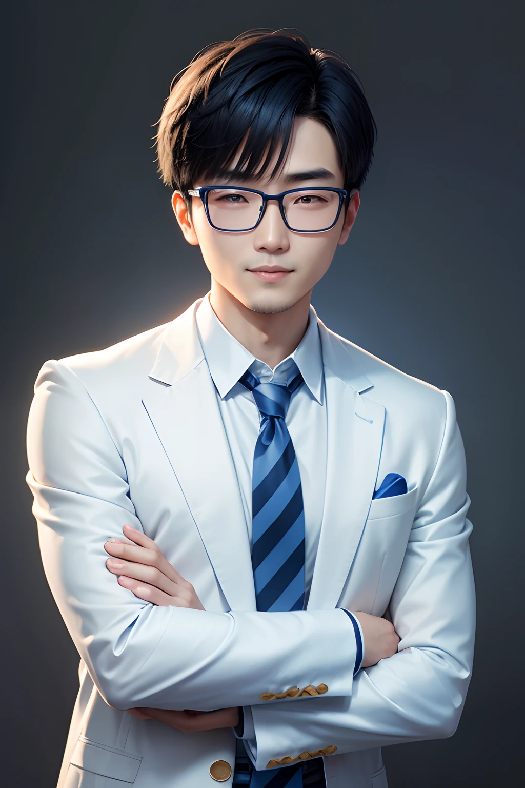 A 30-year-old Chinese man，Short black hair，Good facial features，black-frame glasses，Doctor professional white coat，Blue and white striped tie，Cross your hands over your chest，With a smile，Solid blue background，Canon SLR shooting，Portrait Photogram