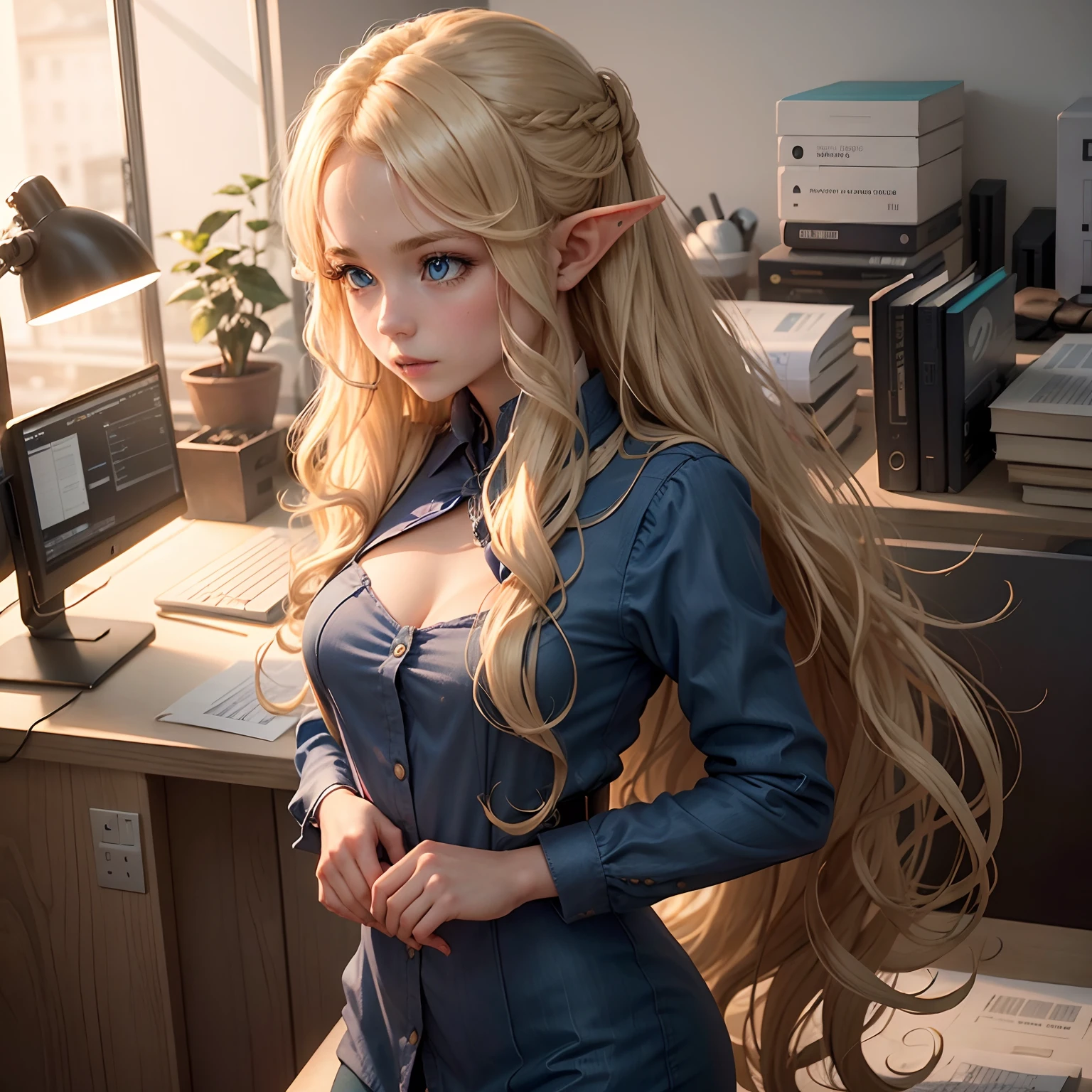 una elfa rubia de 18 años con ojos azules y pelo largo y rizado,  Trabajar en la oficina.  Vista lateral.