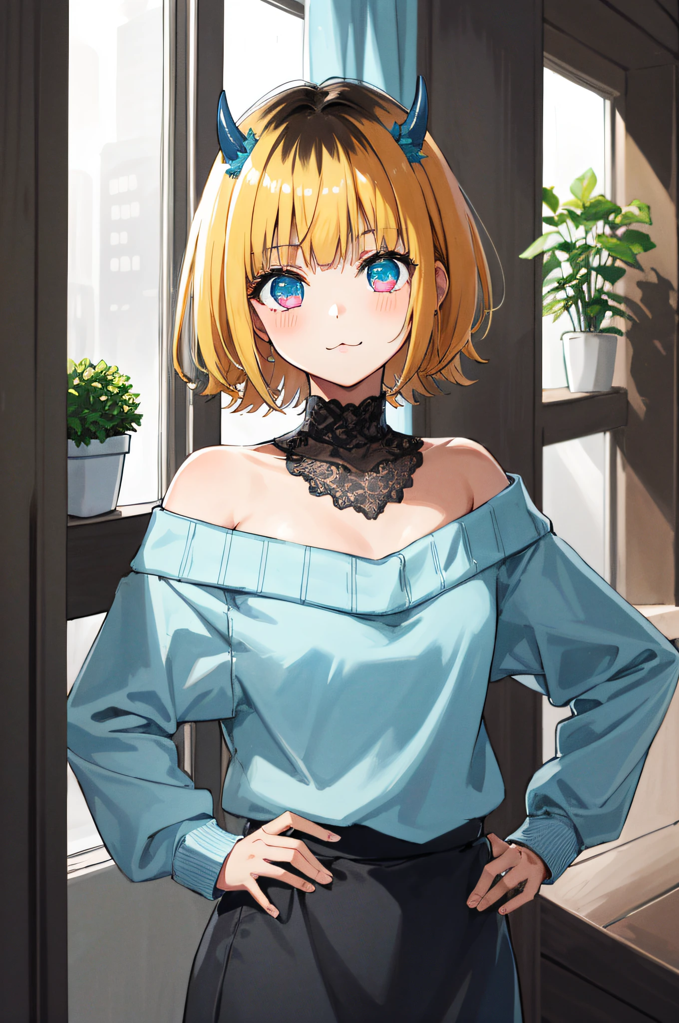 Anime girl with blue eyes and a blue blouse standing in front of a