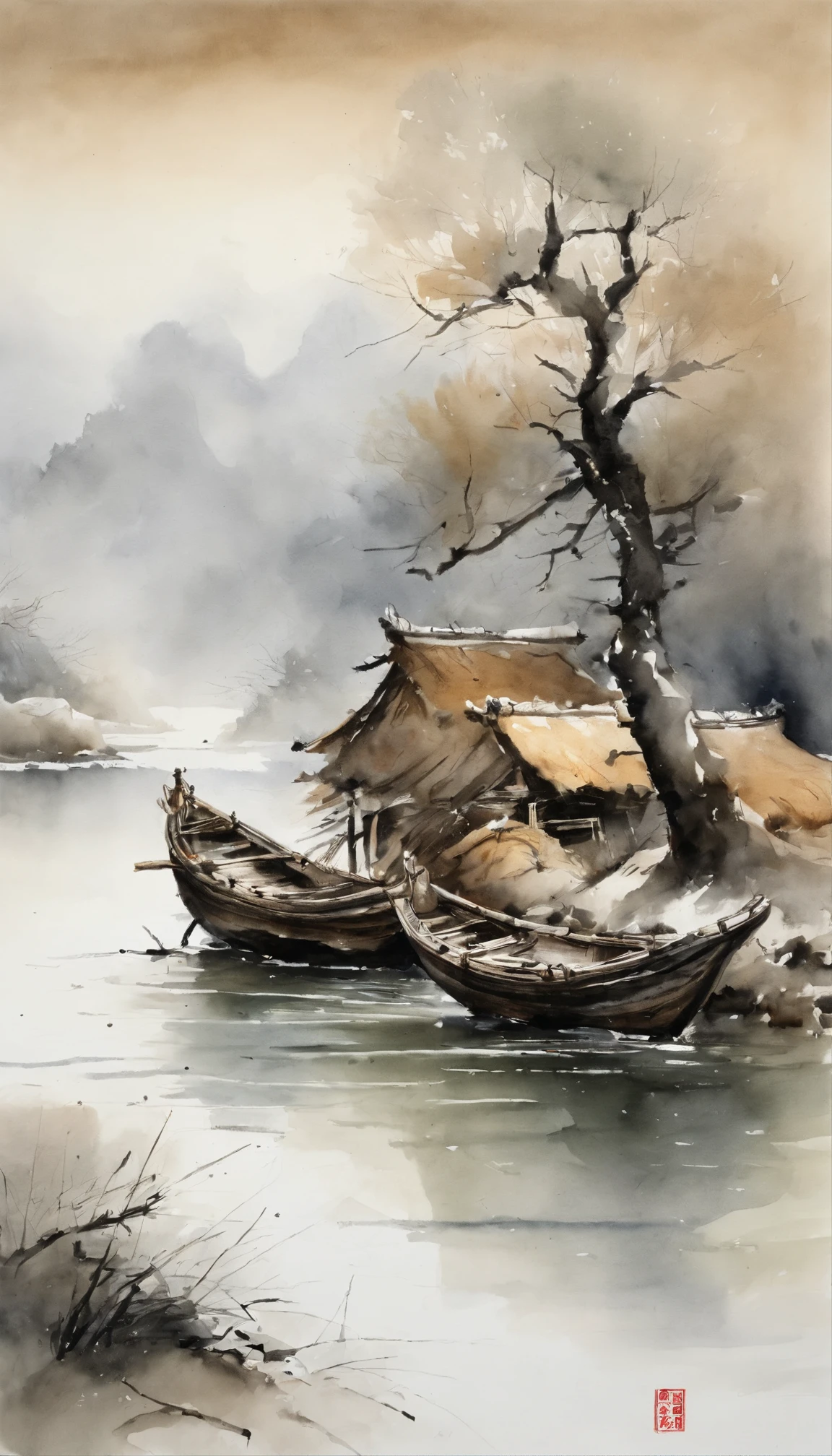 Chinese landscape painting，ink and watercolor painting，water ink，ink，Smudge，Faraway view，Ultra-wide viewing angle，Meticulous，Fishing boat vistaeticulous，Smudge，low-saturation，Low contrast，Fishing alone in the cold river snow，snow landscape，Beautifully depicted，A detailed，acurate，Works of masters，tmasterpiece