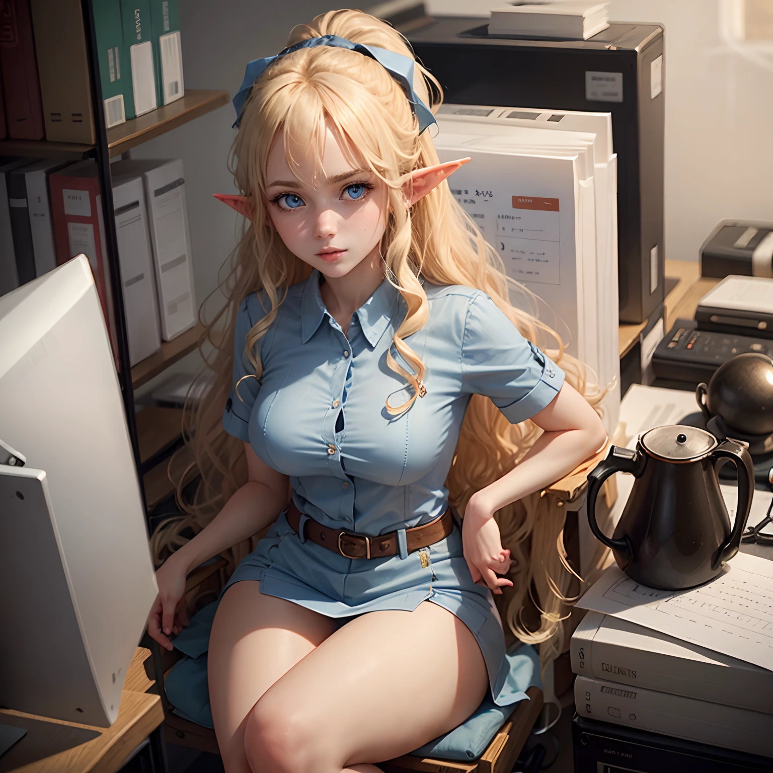 ein 20-jähriges blondes Elfenmädchen mit blauen Augen und langen lockigen Haaren,  Arbeiten im Büro.