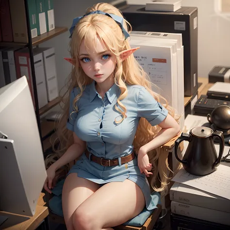 an 20-year-old  blonde elf girl with blue eyes and long curly hair,  working in the office.