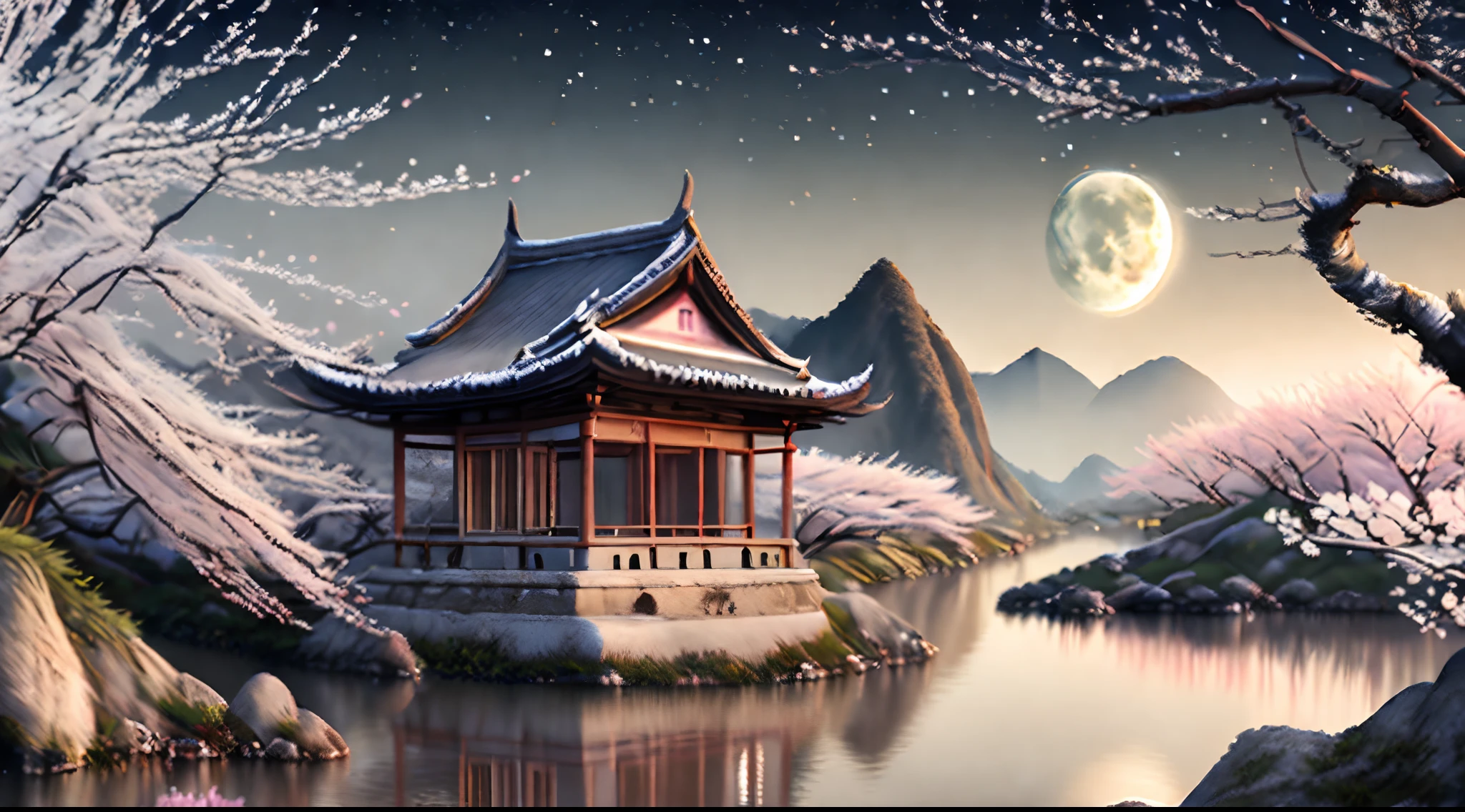 Un rendu CG ultra-réaliste de la Chine antique，Une petite maison à côté du paysage de Guilin，en début de soirée，Des pêchers et des arbres aux feuilles crème，Une lune brillante créée par la lumière blanche de la lune dans un paysage enneigé。