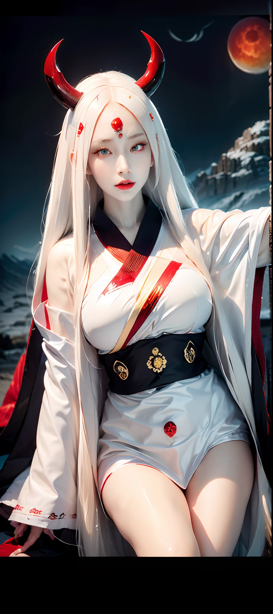 face lighting,bright backlight,super high resolution,best quality,Photos,4k,(Realistic:1.2),huiye,1girl,(kimono:1.1),(the third eye:1.3),horns,(pale skin:1.5),(white hair:1.2),long hair,(night:1.2),
(red moon:1.4),