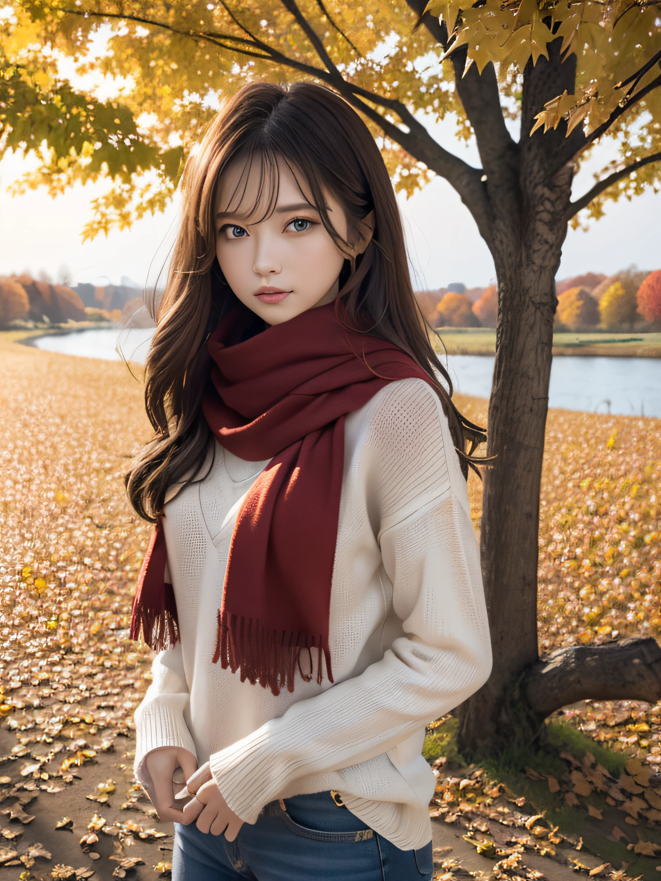 (masutepiece), Best Quality, Ultra-detailed, Illustration, Warm lighting, Soft lighting, Bright colors, 1 girl, Solo,( Beautiful Girl, Long hair, Blue eyes, bow ribbon, Brown hair, hair between eye, Hair Ribbon, side locks, Very long hair, hair messy,) , Autumn, Many maple trees, maple leaves, golden leaves, Colored leaves, Dry leaves, River,  Refreshing air,  Peace, Cool breeze , Sweater Weather,( Wear a white or brown sweater, red scarf, Moody autumn, Wistful, a gloomy, sad ,worried, longing,)