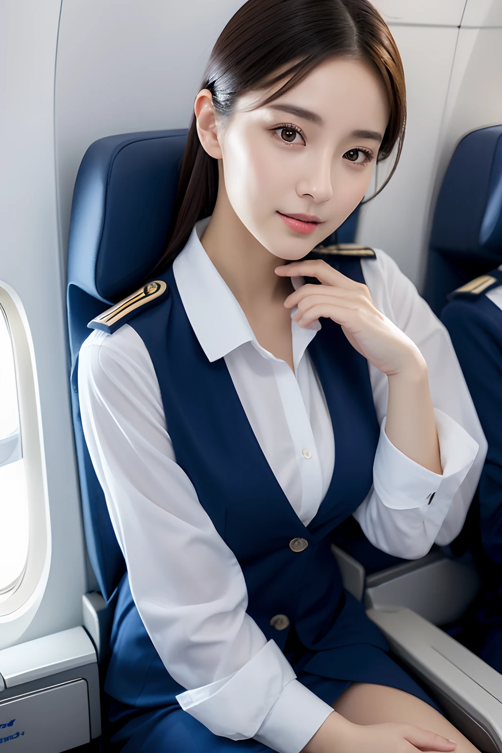 Top Quality, Masterpiece, 8K, Ultra High Definition, (Photorealistic: 1.4), 1 Girl, Beautiful Face, Symmetrical Eyes, Big, Perfect Body Proportions, Stewardess Uniform, Viewer's Look, (Inside the Airplane: 1.2), Front View, Shoulder Jump, Absolute Area (1.3),