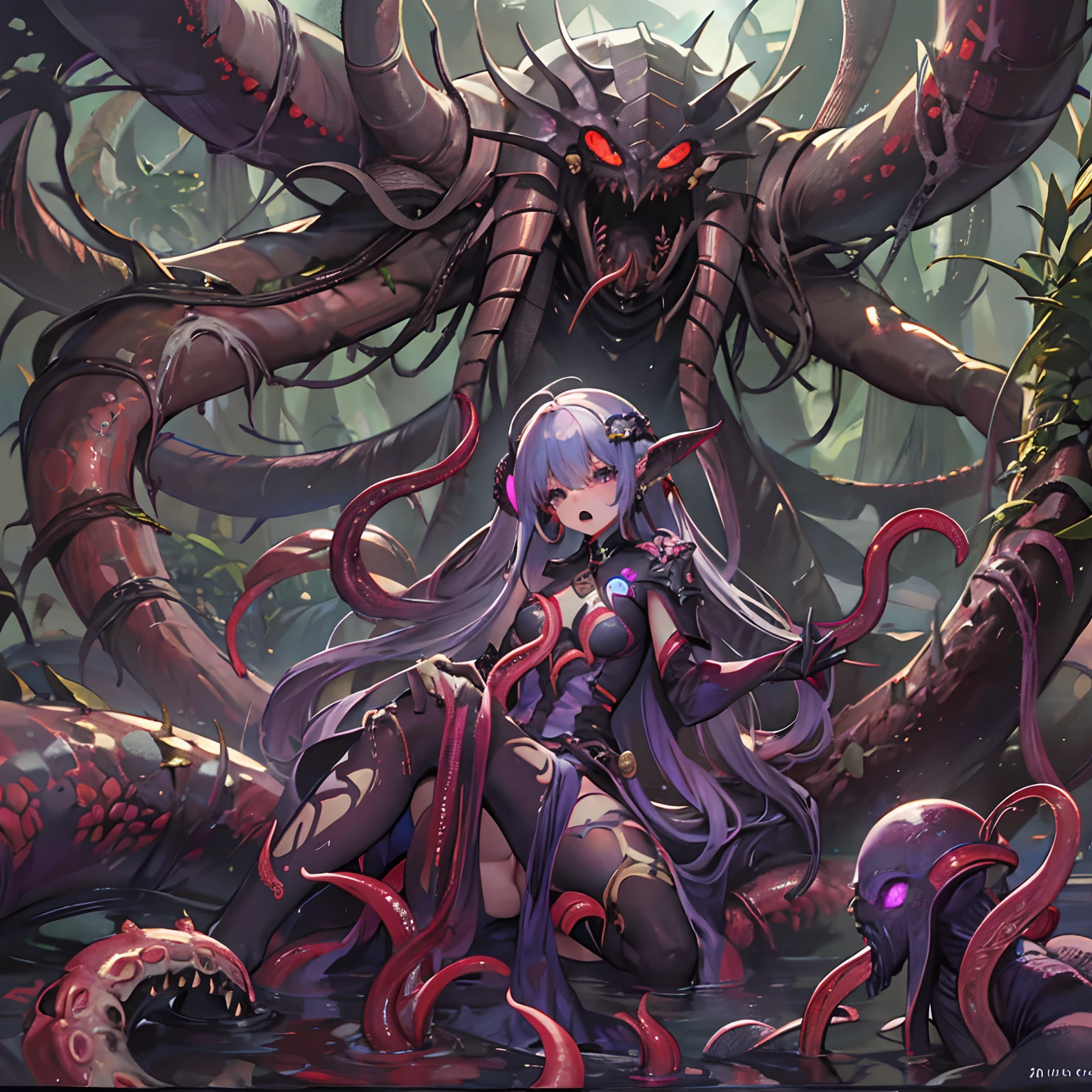 Anime girl with tentacles and a giant monster - SeaArt AI