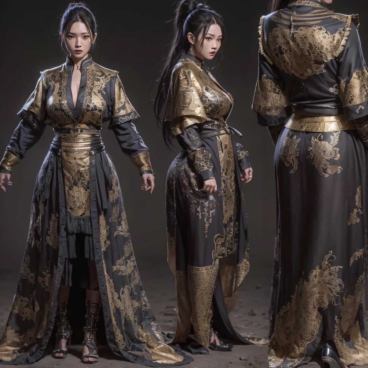 cinematic cgsociety,，combat scene、Chinese big breasts、Quaint、three kingdom、ember、100 people、Faraway view、intense battles、high detal、masuter piece、NSFW，Gold, black silk, silk long-sleeved gauze shirt，Quick-dry vest，Linen sweater，Python cloak