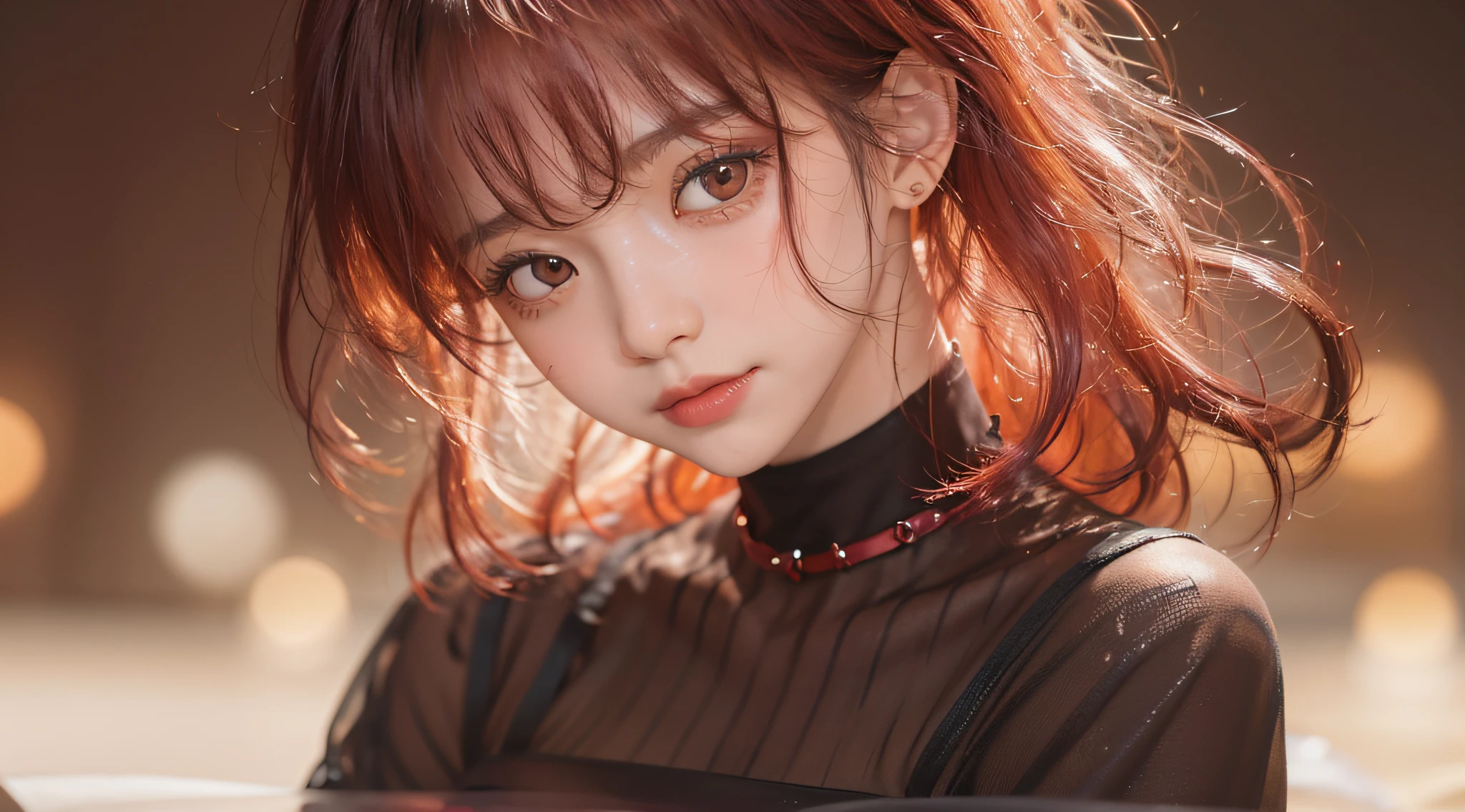 (1girl in)、(in her 20s)、((short detailed hair))、((By bangs))、((Black to red gradient hair))、(Photoreal Stick:1.2)、8K、(High quality shadows)、(Enchanted expression)、(ssmile)、Detail Beautiful delicate face、Detail Beautiful delicate eyes、Pretty Kpop Idol、(Korean Urzan face)、(ulzang-6500-v1.1:0.6)、PureErosFace_V1、(looking at viewe)、glowing light eyes、perfect bodies、Natural color reproduction、((strong lights))、(choker necklace)、((Brown eyes))、((Beautiful Finger))、 Shiny hair、Describe beautiful and delicate hair、(Glossy glossy skin)、((Red transparent dress))、(Thick bangs)、hallways、 (early evening)、Background blur、movie lighting、