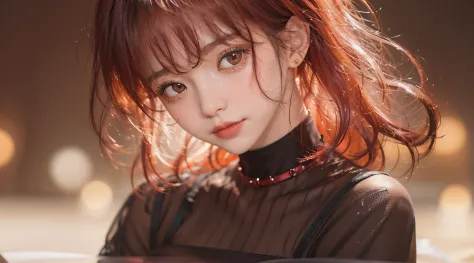(1girl in)、(in her 20s)、((short detailed hair))、((By bangs))、((Black to red gradient hair))、(Photoreal Stick:1.2)、8K、(High quality shadows)、(Enchanted expression)、(ssmile)、Detail Beautiful delicate face、Detail Beautiful delicate eyes、Pretty Kpop Idol、(Kore...