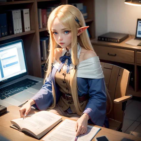 a young blonde elf girl with long hair and blue eyes, working at her desk, talking to an orc in the office.