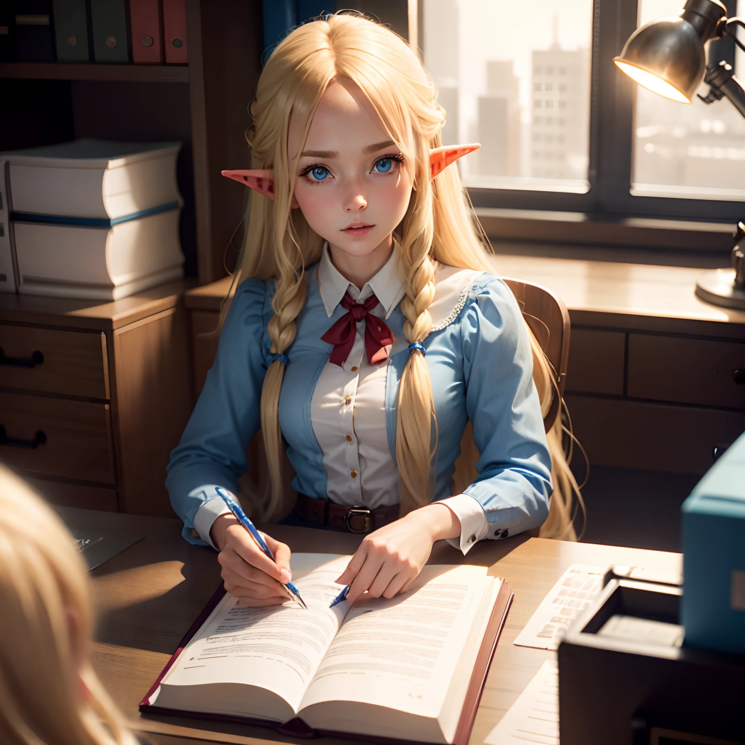 a young blonde elf girl with long hair and blue eyes, working at her desk, talking to an orc in the office.