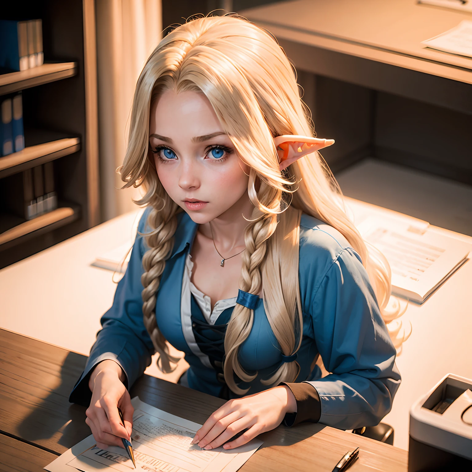 une jeune fille elfe blonde aux cheveux longs et aux yeux bleus, travailler à son bureau, Parler à un orc au bureau.