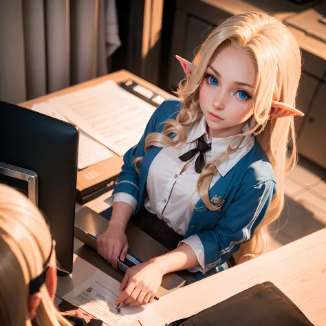 a young blonde elf girl with long hair and blue eyes, working at her desk, talking to an orc in the office.