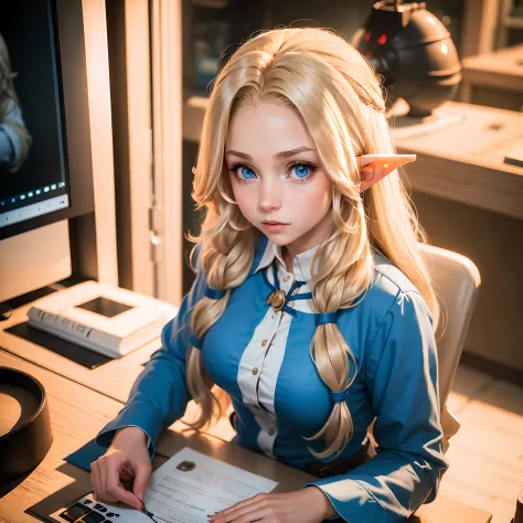 a young blonde elf girl with long hair and blue eyes, working at her desk, talking to an orc in the office.