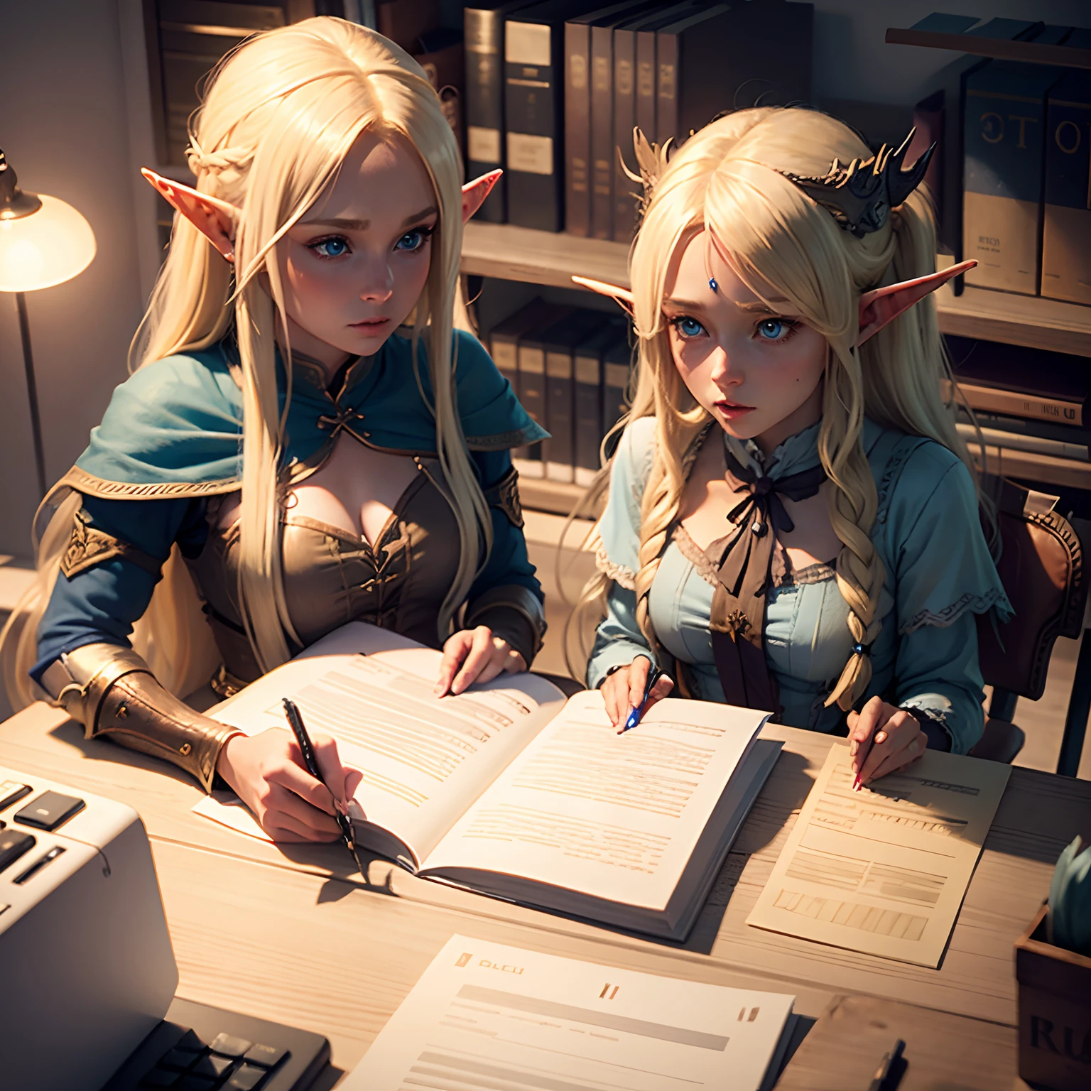 a young blonde elf girl with long hair and blue eyes, working at her desk, talking to an orc in the office.